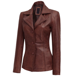 <b>Women's</b> <b>Brown</b> Genuine Leather Blazer <b>Jacket</b> Turn Down Collar Single Breasted Long Sleeve Coat - Product Image 4