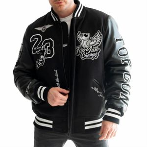 Chaqueta Varsity de Invierno para Hombre, Negra, con Mangas de Cuero PU, Diseño de Parches Bordados, Cierre de Botones Cubiertos, Estilo Casual, Cuello Camisero - Product Image 5