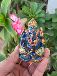 Hand Carved Lapis Lazuli Ganesha <b>Statue</b> | Hand Painted Ganesh Idol with Gold Detail | Hindu Altar Decor | Wholesale Supplier - Product Image 1