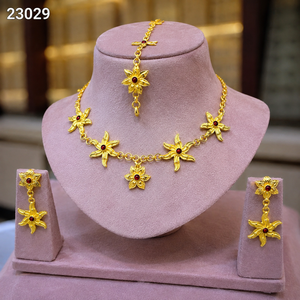 Flower Pattern Gold Plated Alloy Necklace <b>Earrings</b> Set Red Cubic Zirconia Imitation Pearl for Women Wedding Anniversary Gift - Product Image 2