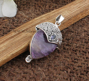 Colgante de Charoita Natural Rusa, Plata de Ley 925, Engaste de Platino, Estilo Vintage, Collar con Gema Púrpura - Product Image 6