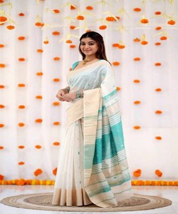 Sari de seda verde claro listo para enviar, vestido tradicional indio estilo Banarasi, sari drapeado con borde estampado para ceremonias. - Product Image 4