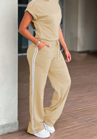 Women's Beige 2-Piece Casual Set Short Sleeve Top Side Stripe Pants Regular Fit O-Neck Solid Color Fleece Eco-Friendly Quick Dry
