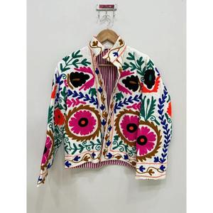 Women's <b>White</b> Floral Embroidered Quilted <b>Jacket</b> Colorful Ethnic Embroidery Denim Style Traditional Outerwear Eco-Friendly Quick - Product Image 1
