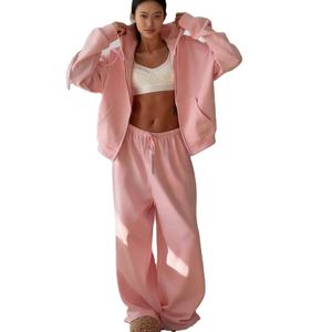 Women's Winter <b>Pink</b> Hooded Fleece <b>Tracksuit</b> <b>Set</b> Full Sleeve Loose Fit Solid Color Sweatshirt Pants Drawstring Side Pockets - Product Image 1