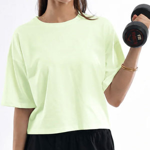 Camiseta sin costuras para mujer, top de gimnasio, ropa deportiva al por mayor, hombros caídos, manga corta, elástica, 100% algodón, jersey, color liso - Product Image 3