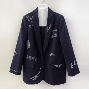 Blazer Oversize para Mujer con Gráficos de Rock y Pedrería, Azul Marino, Chaqueta de Traje con Diseño de Guitarra Eléctrica, Abrigo de Moda en Tendencia - Product Image 1