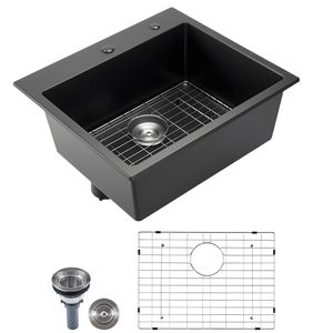 Lavello da cucina in granito da 25 pollici con montaggio superiore, vasca singola, stile rustico, con accessori multipli e superficie nano per laboratorio e casa - Product Image 1
