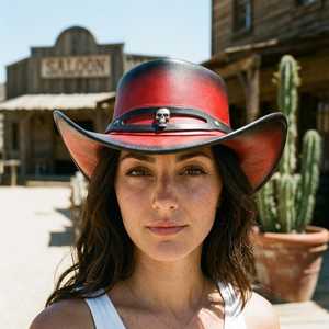 Premium Quality Custom Red Black Leather Cowboy <b>Hat</b> Skull <b>Band</b> Western Gothic Biker Outback <b>Hat</b> - Product Image 5