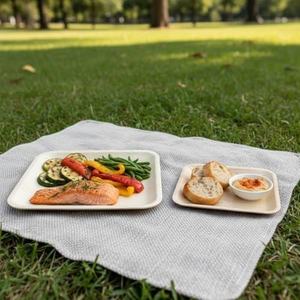 Ensemble de vaisselle réutilisable écologique de qualité supérieure, assiettes carrées en feuilles de palmier biodégradables, modernes, naturelles, durables, compostables - Product Image 3