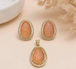 <b>Indian</b> Wedding Pendant Earring <b>Set</b> Orange Carved Stone Yellow Gold Plated Traditional <b>Jewelry</b> Gift for Her - Product Image 1