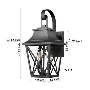 <b>Large</b> Modern 2-Light Outdoor Wall <b>Lantern</b> Black Industrial Style Porch Light Fixture with Glass Modern Outdoor Wall Sconce - Product Image 3