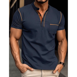 Camiseta Henley de Manga Corta para Hombre, Corte Ajustado, con Costuras en Contraste - Product Image 1