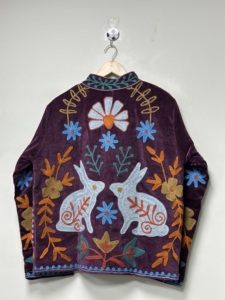 Boho <b>Velvet</b> Hand Embroidered Suzani Floral Pattern O-Neck Full Sleeve Autumn Unisex Multi-function Reversible <b>Jacket</b> - Product Image 4