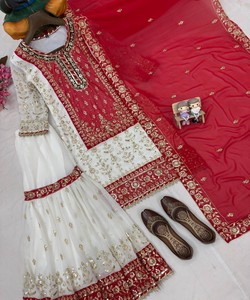 Women Traditional Red White Silk Salwar Kameez Set <b>Floor</b>-Length Ethnic Wear Wedding Outfit India Pakistan Style 83869 LC 1460 - Product Image 4