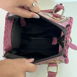 Cute Pink Hand Tooled Floral Pattern <b>Small</b> <b>Leather</b> Duffel <b>Bags</b> Western Style Gym Sports Daily Use Weekender Shoulder Handbags - Product Image 6