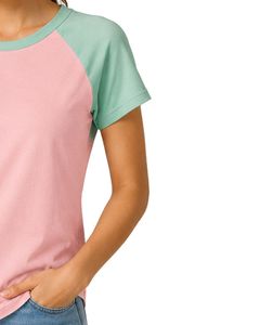 Camiseta raglán personalizada rosa y verde menta para mujer, estilo casual, cuello redondo, manga corta, mezcla de algodón, estilo béisbol, moda de verano - Product Image 4