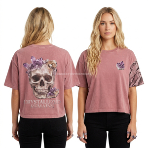 T-shirt graphique pour femme en coton lourd 240 GSM, bleu délavé à l'acide, motif crâne et fil barbelé, avec détail poche, vente en gros, fabricant - Product Image 2