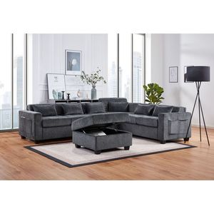 Divano Sezionale Trey 115"W in Ciniglia Grigia con Schienale Regolabile, Porte di Ricarica, Pouf Contenitore Trapuntato e Cuscino Decorativo per Soggiorno - Product Image 1