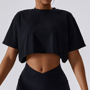 Camiseta Corta Negra para Mujer 2026, Manga Corta, Cuello Redondo, Tejido Sólido, Transpirable, Informal, Primavera Verano, Algodón, Corte Regular - Product Image 1