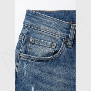 Jean en denim déchiré coupe slim pour homme, taille mi-haute, en coton, style décontracté automne, jambe droite, bleu délavé - Product Image 5