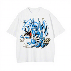 T-shirt blanc surdimensionné pour homme avec imprimé dragon bleu, manches courtes, col rond, coupe décontractée en jersey - Product Image 1