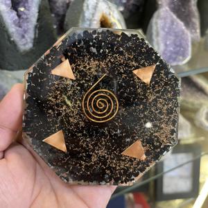 Plaque octogonale en tourmaline noire naturelle polie de 4 pouces, sous-verre en orgonite, spirale en cuivre, pour la guérison énergétique et la décoration - Vente en gros - Product Image 4