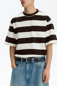 Wholesale Brown <b>White</b> Horizontal Stripe T Shirt Men Heavy Cotton Oversized Crew Neck Custom Logo Streetwear Blank <b>Tee</b> - Product Image 5