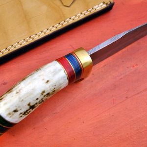 Couteau à lame fixe en acier Damas, couteau de chasse à pointe tombante, épaisseur de 0,6 mm, manche en os avec étui en cuir - Product Image 6
