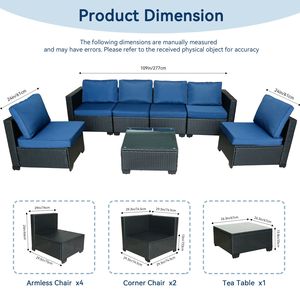 Set di divani da esterno in rattan PE nero da 7 pezzi con tavolo e cuscini blu, mobili da giardino - Product Image 4