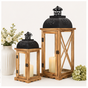 Set of 2 <b>Large</b> Farmhouse Wooden Metal Candle <b>Lanterns</b> Rustic Decorative Floor <b>Lanterns</b> for Indoor Outdoor Home Decor Low Price - Product Image 5