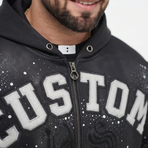 Sudadera con capucha de punto extragrande negra para hombre, con cremallera frontal, estampado de letras, puntos brillantes, cortavientos, estilo Hip Hop Streetwear - Product Image 5