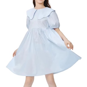 Venta al por mayor niñas azul sólido botón vestido Puff manga cuello cuadrado algodón verano traje Boutique ropa fábrica proveedor BD - Product Image 1