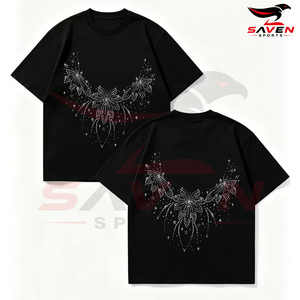 Camiseta Negra Sólida con Escote Floral y Pedrería, para Mujer y Hombre, con Gráficos de Cristales Brillantes Hot Fix, Hombros Caídos, Estilo Urbano - Product Image 2
