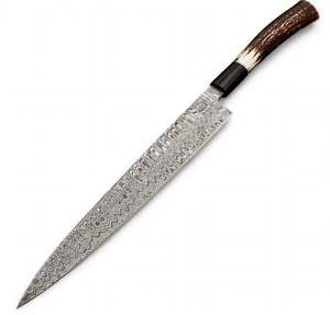 Cuchillo Japonés de Acero de Damasco, Cuchillo de Chef Largo para Rebanar, Mango de Cuerno de Ciervo - Product Image 1