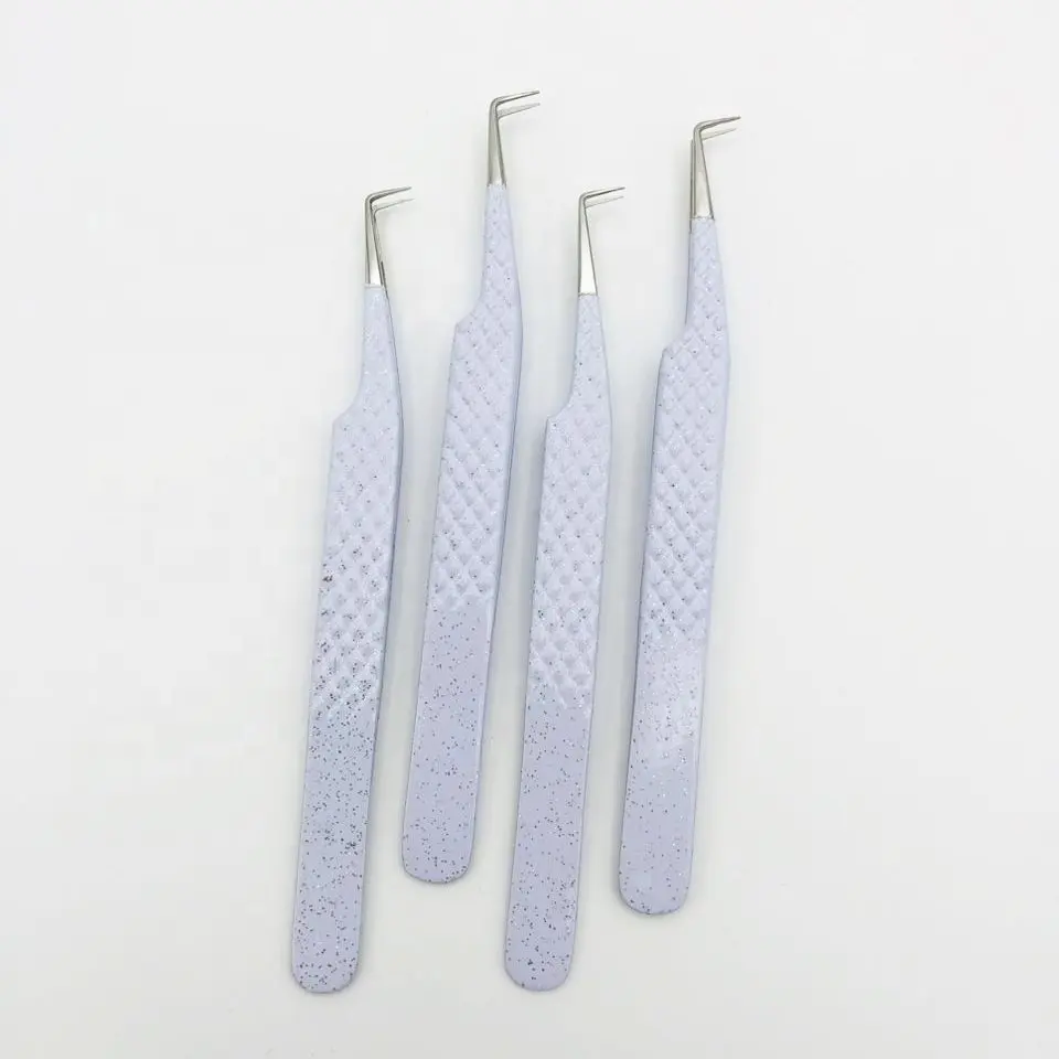 Wholesale High Quality Stainless Steel Silver Glitter 90 Degree White Professional Eyelash Extension Tweezers