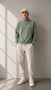 เสื้อฮู้ดผู้ชายแบบสวมใส่สบาย ผ้าถักเนื้อหนา มีซิปครึ่งตัว สีเขียวล้วน ทรงปกติ สำหรับฤดูหนาว รับผลิตแบบ OEM - Product Image 3
