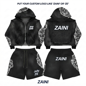 Conjunto de Sudadera con Capucha y Pantalones Cortos para Hombre, 340 GSM, Felpa de Algodón Transpirable, Negro, Lavado Ácido, Paneles con Bordes Crudos, Logotipo Impreso Personalizado, Ropa de Invierno de Dos Piezas - Product Image 1
