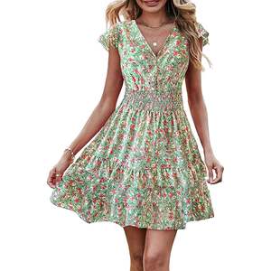 Robe d'été bohème personnalisée pour femme, mini-robe à col en V, imprimé floral, manches à volants, taille smockée, robe superposée mignonne - Product Image 3