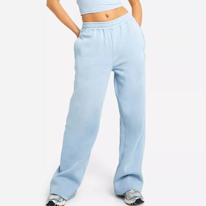 Pantalon de survêtement en molleton bleu clair pour femme, coupe ample à jambe large, taille élastique, décontracté, longueur intégrale, couleur unie, pour l'automne - Product Image 1