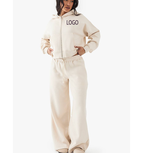 OEM Embossed Hoodie Boxy Zipper Tracksuit Women logo Print <b>Embroidery</b> Quick Dry Eco Friendly Anti wrinkle Cotton 2PCS <b>Set</b> - Product Image 3