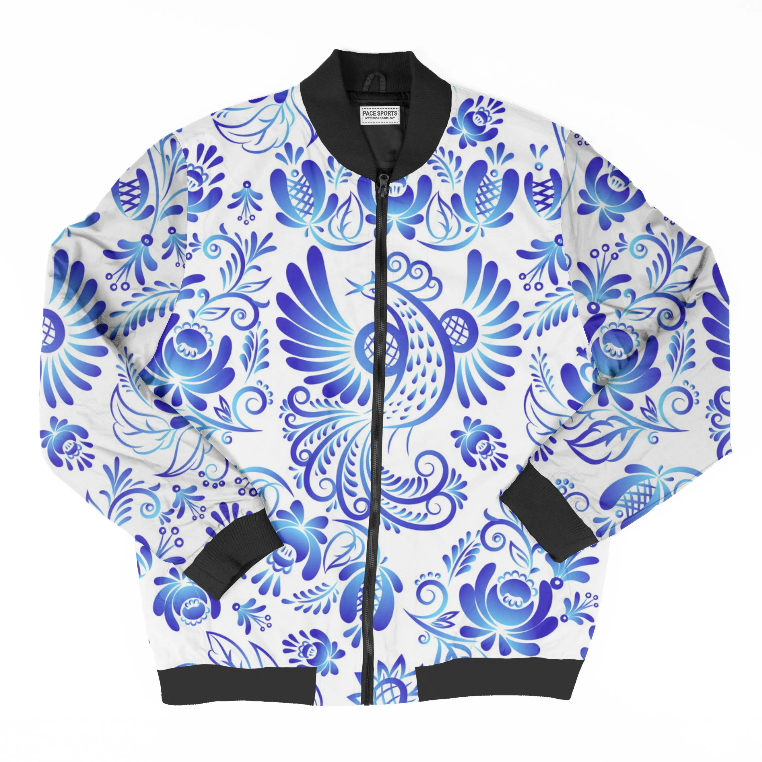 Customized Logo 100% Polyester unisex Fashion Print blue bandana Pattern Sublimation Bomber Jacket