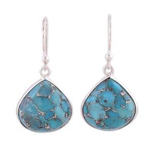 925 <b>Sterling</b> <b>Silver</b> Blue Copper Turquoise Drop <b>Earrings</b> Vintage Engagement Pear Shape Gemstone Wire <b>Dangle</b> <b>Earrings</b> for - Product Image 1