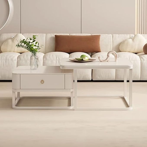 Modern Eco-Friendly Coffee Table Set of Two <b>Nesting</b> Stacking Tea Tables for Living Rooms with Gold Metal Frame and Wooden Drawer - Product Image 4