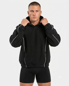 Ensemble de survêtement personnalisé pour homme, noir, coupe oversize, avec détails contrastants, en molleton de coton de qualité supérieure, comprenant un sweat à capuche et un pantalon de survêtement à jambes larges, OEM - Product Image 2