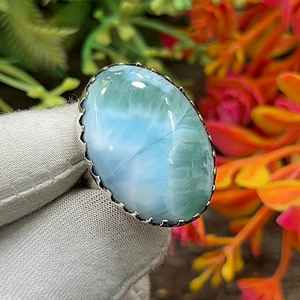 Bague en argent sterling artisanale de style bohème avec pierre précieuse Larimar ovale, 1,40 carat, certifiée IGI, cadeau pour femme M631 - Product Image 4