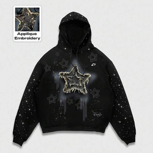 Heavy Cotton Fleece Hoodies Rhinestone Detail <b>Star</b> Applique Embroidery Streetwear Pullover Custom <b>Designer</b> Apparel - Product Image 2