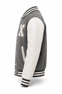Blouson universitaire unisexe gris en laine avec manches en PU, lettre X brodée sur le devant, col rabattu, patchwork, streetwear d'hiver - Product Image 2