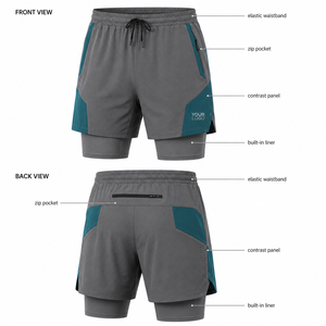 Shorts pour hommes à séchage rapide avec poches zippées, taille élastique, empiècements contrastants, double couche, design gris et turquoise, vente en gros - Product Image 1