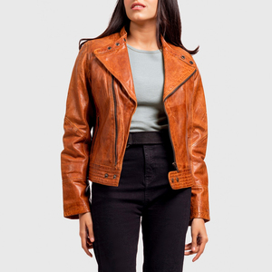 Chaqueta de Motociclista de Cuero Genuino Marrón para Mujer, Manga Larga, Cuello Alto, Cierre de Cremallera, Estilo Otoñal - Product Image 6
